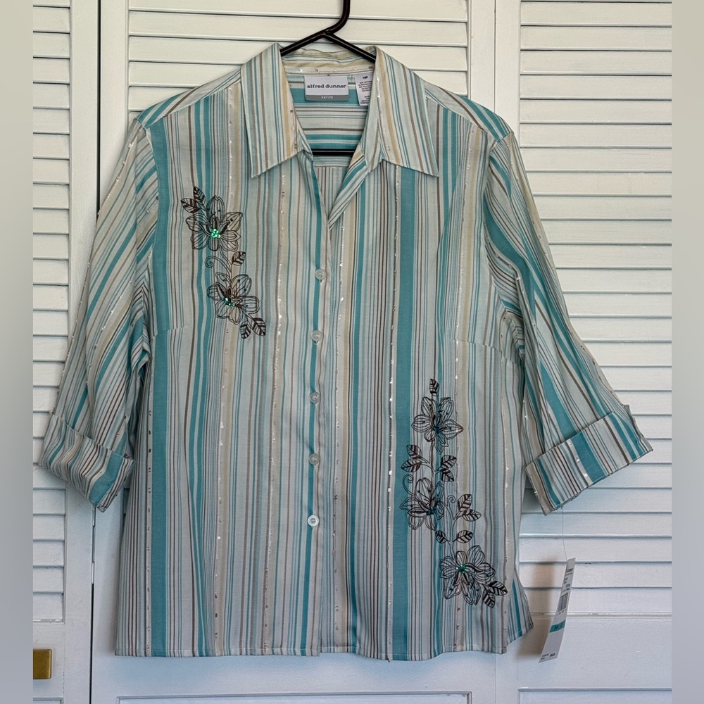 Alfred Dunner Ladies Petite Striped Button Down Blouse